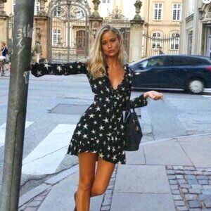 Realisation Par Alexandra Dress Star Struck Black White Silk Wrap Dress Mini M